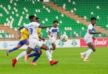 Ampem Darkoa Ladies (in blue-and-white shirts) and Bayelsa Ladies during their group clash