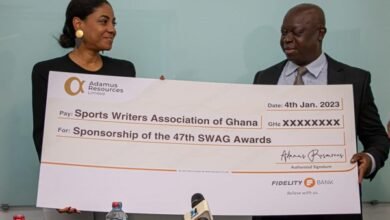 • SWAG President Kwabena Yeboah (right) and Mrs Angela List displaying the dummy cheque at the event