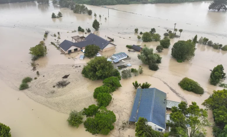• Flooding caused by Cyclone Gabrielle in Awatoto, near the city of Napier