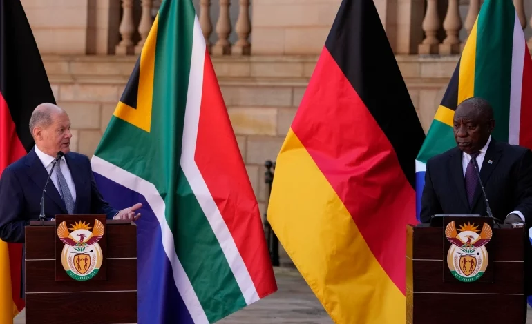 German Chancellor, Olaf Scholz, left, speaks during a joint press conference with South African President, Cyril Ramaphosa, at the Union Building in Pretoria, South Africa on Tuesday.