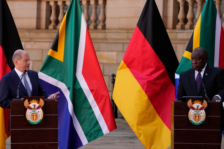 German Chancellor, Olaf Scholz, left, speaks during a joint press conference with South African President, Cyril Ramaphosa, at the Union Building in Pretoria, South Africa on Tuesday.