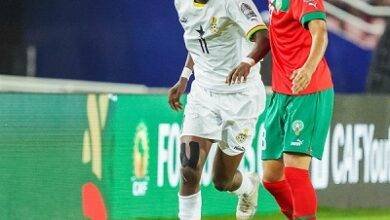 Black Meteors Emmanuel Yeboah confronted by a Moroccan marker