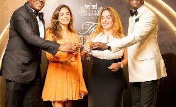 • Mr Abayomi Ajao (left) with Ms Caline Bader (second left), Ms Sandra Gedeon and Mr Jerry Adjorlolo