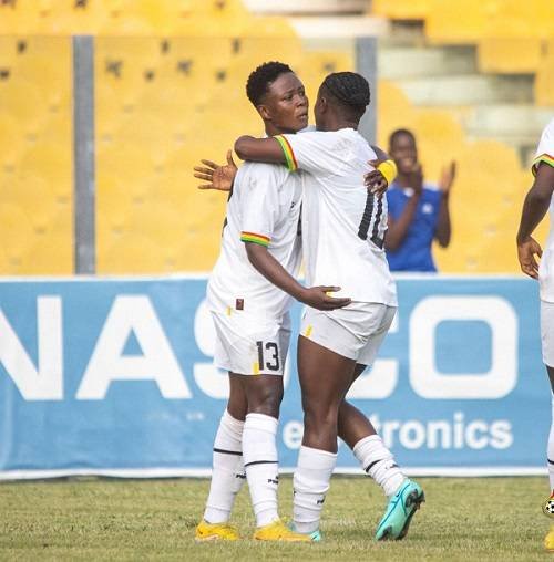 Badu (left) joined by Adubea to celebrate the third goal
