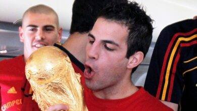 Fabregas celebrating with the World Cup trophy in South Africa 2010
