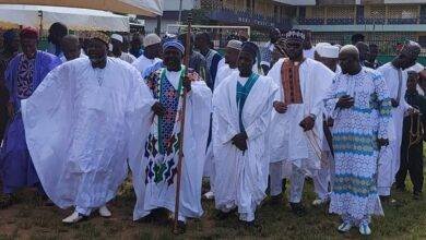 • Chief of the Fise Muslim community (left) with the Ga North Chief Imam and other members of the Fise Muslim community after the prayer session