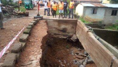 • Ms Ivy Amewugah (left) with Mr Richard Bosson (right) and others inspecting a damaged bridge at Aleke