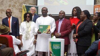 Mr. Okraku with a copy of the book. With him are Prof. Twumasi (fourth right), Executive Council and Technical Directorate staff of the FA