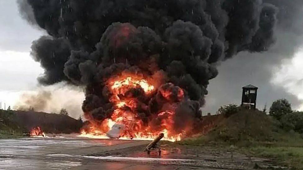 • Images posted online show a Tu-22 on fire at Soltsy-2 airbase