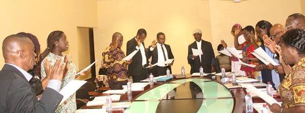 Judge Samuel Kwame Asiedu (middle),Justice of Supreme Court inaugurating council members of the Mount Crest University. Photo. Ebo Gorman