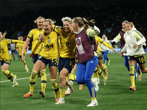 • Sweden players celebrating yesterday's dramatic win over the USA
