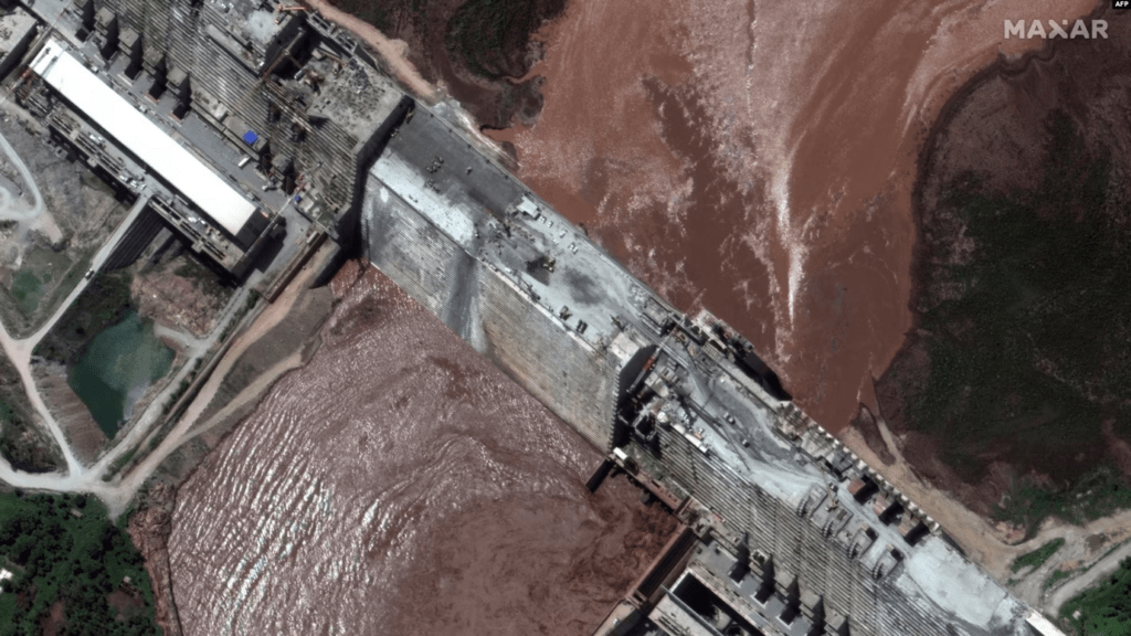 This handout satellite image obtained courtesy of Maxar Technologies on July 21, 2020, shows a view of northwestern Ethiopia that focuses on the status of the Grand Ethiopian Renaissance Dam and the Blue Nile River on July 11, 2020