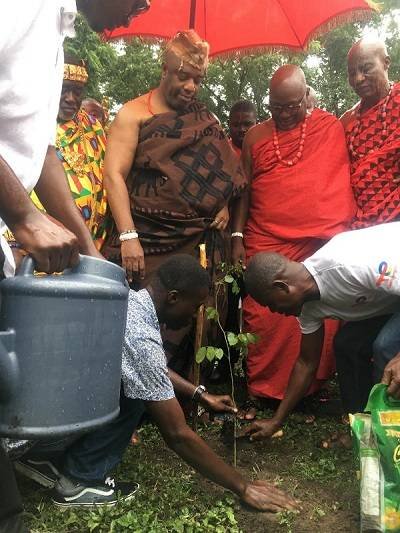 King TackieTeikoTsuru II (middle) being assisted to plant his tree