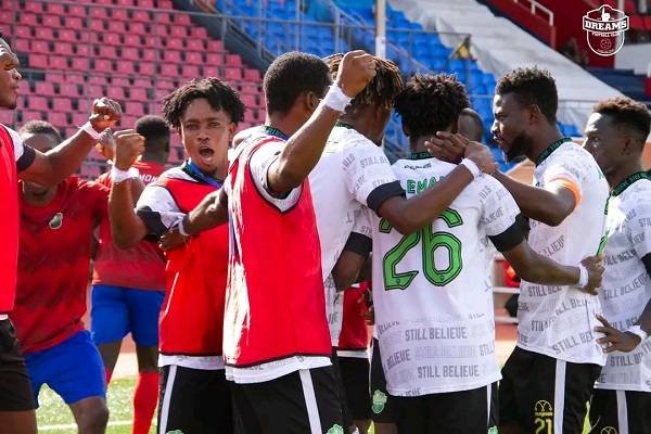 Dreams FC players celebrating Mensah's goal