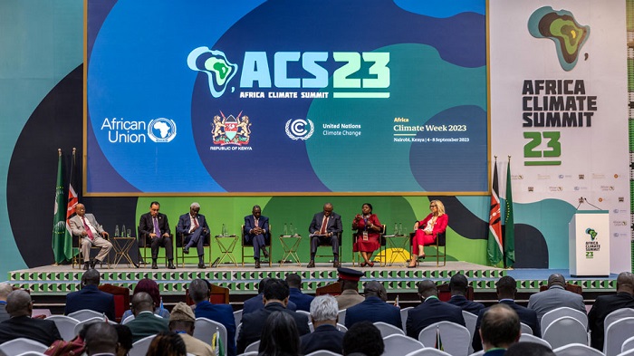 Panellists led by Kenya's President William Ruth (middle) conduct a session during the Africa Climate Summit 2023 at the Kenyatta International Convention Centre (KICC) in Nairobi on September 5, 2023. Luis Tato / AFP