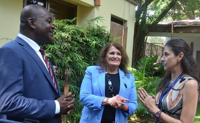 Professor Ahmed Jinapor Abdulai (left) in a chat with Eduarda Castel Blanco (middle) and Maria Bignone Photo: Godwin Ofosu-Acheampong