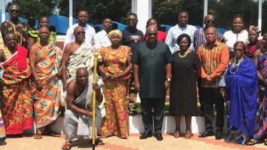 Former President John Mahama (middle), Prof. Naana Opoku Agyemang and Mr Ablakwa with the chiefs and others