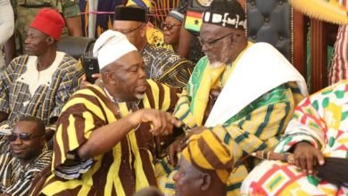 • Mr Asamoah Boateng (left) thanking Naba Asigri Abugrago Azoka II at the durbar grounds