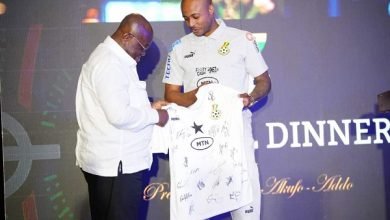 • Black Stars skipper, Andre Ayew (right), presents a team’s jersey to the President