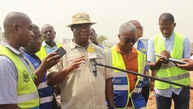 • Mr Amoako-Atta briefing the press during his visit to the Tema motorway expansion project Photo: Ebo Gorman
