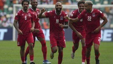 Nsue (middle) joined by team mates to celebrate after netting first in AFCON 2023