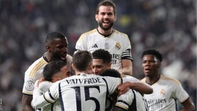 • Real Madrid players celebrating yesterday's feat