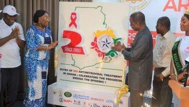 • Dr Patrick Kuma Aboagye (third from right) and Dr Mokowa Blay Adu-Gyamfi (second from left), Presidential Advisor on HIV/AIDS, and others applauding after unveiling the logo Photo: Godwin Ofosu-Acheampong