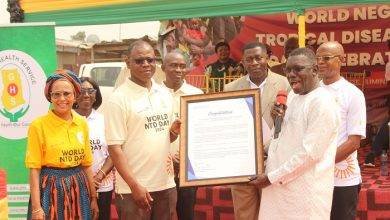 • Dr Patrick Kuma-Aboagye (second from left) receiving NTDs citation award by the WHO from Dr Hafiz Adam Taher (right). With them include Ms Sharmila Lareef-Jah (left), WHO Representative Photo: Ebo Gorman