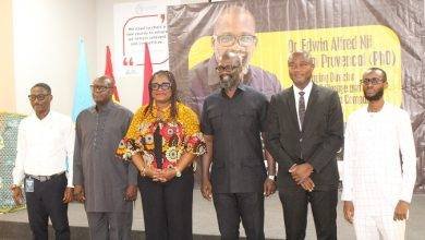 • Dr Edwin Provencal (third from right), Prof. Rosina Kyerematen (third from left), Mr Selasi Koffi Ackom( left) and other dignitaries after the outdooring ceremony Photo: Ebo Gorman