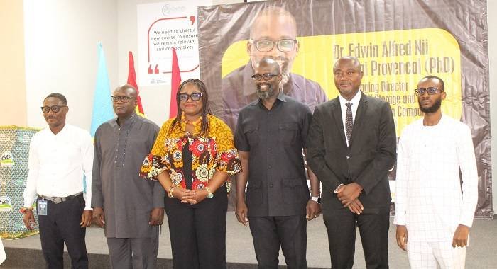 • Dr Edwin Provencal (third from right), Prof. Rosina Kyerematen (third from left), Mr Selasi Koffi Ackom( left) and other dignitaries after the outdooring ceremony Photo: Ebo Gorman