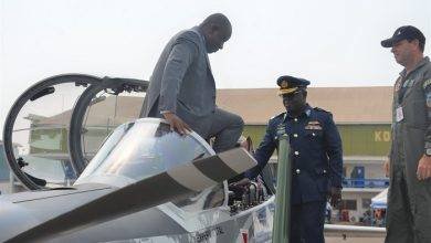 Mr Nitiwul (left) stepping out of the aircraft after inspecting it.With him are Air Vice Marshal Fredrick Asare Kwasi Bekoe (middle) and Leonardo Guedes. Photo: Godwin Ofosu-Acheampong