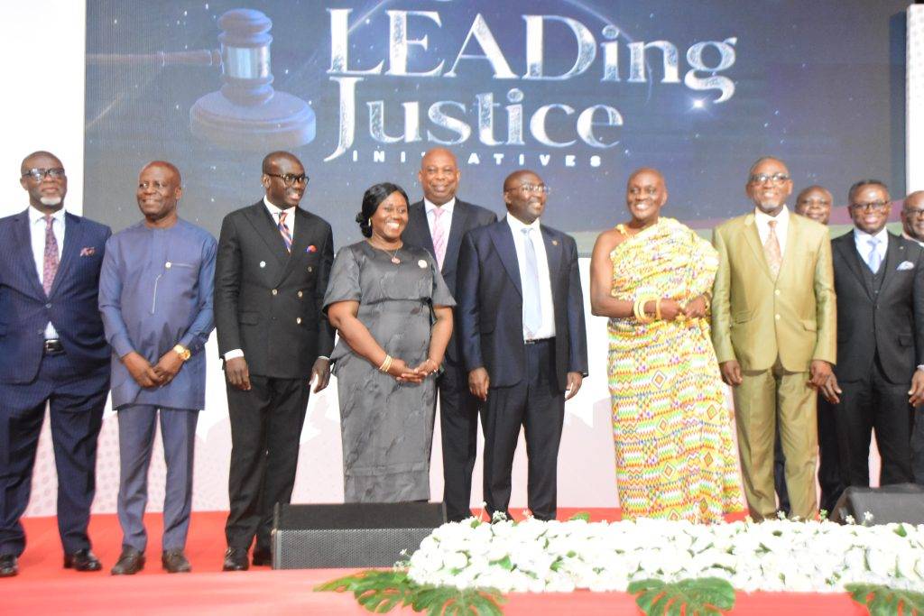 • Vice President Bawumia (middle) and&#xA;Chief Justice Gertrude Torkornoo (fourth&#xA;from left) with other dignitaries after the&#xA;launch Photo: Seth Osabukle