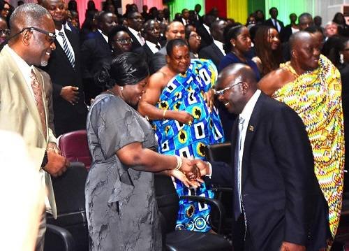 Vice President Bawumia (right) congratulating Chief Justice Gertrude Torkornoo. With them is Mr Francis Torkornoo Photo Seth Osabukle