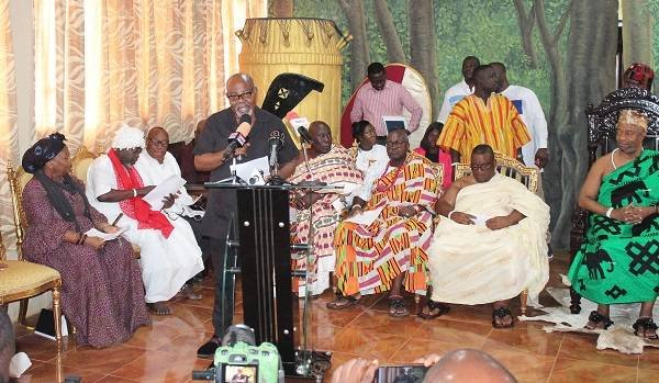 • Nii Ayikoi Otoo (left) addressing the press conference. With him include Nii Tackie Teiko Tsuru II (right), the Ga Mantse Photo: Anita Nyarko-Yirenkyi