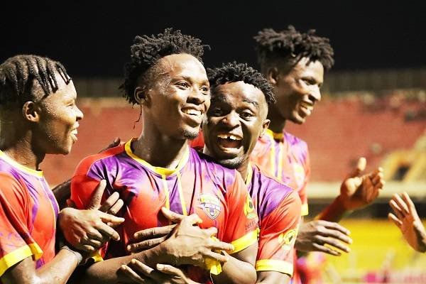 • Issah (second left) joined by Salifu Ibrahim, Martin Karikari and Adams to celebrate the third goal