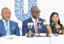 Mr Edward Effah (middle) addressing the media. With him are Mr Chris Wuiff-Ceasar and Ms Shweta Dwivedi Photo Seth Osabukle