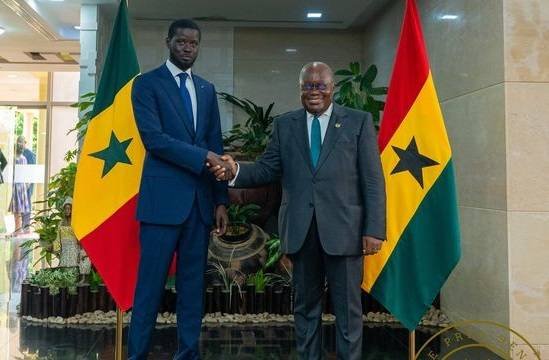 President Akufo-Addo (right) in a handshake with Basirrou Diomaye Faye, President of Senegal after a joint press conference at the Jubilee House