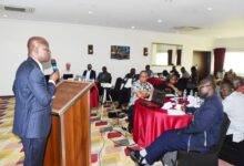 • Prof. Adom-Asamoah addressing participants in the meeting Photo: Seth Osabukle