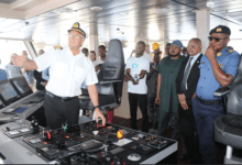 Captain Tomny Steffensen (infront) briefing Mr Abdul-Aziz Ayaba (third from right) and other officials on board of the Dr Fridtj of Nansen research vessel at Tema port Photo: Ebo Gorman