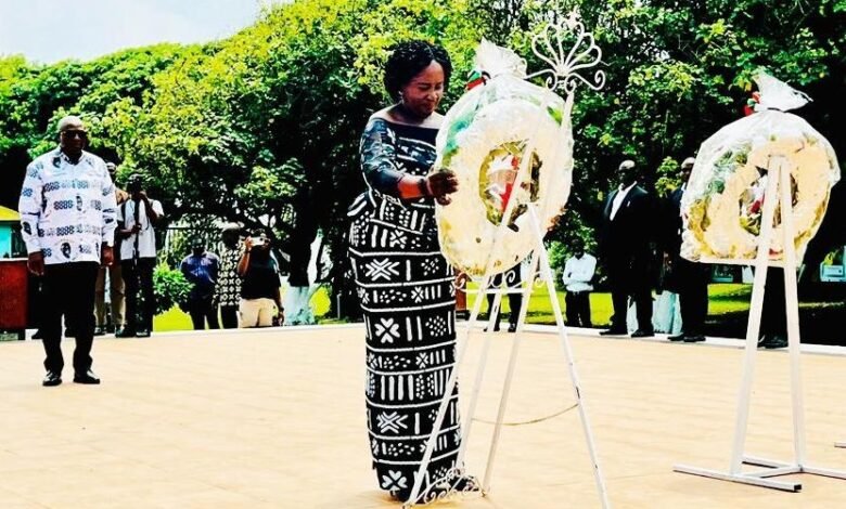 • Prof. Naana Jane Opoku Agyeman (infront) laying the wreath with John Mahama looking on. Photo: Stephanie Birikorang