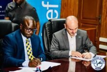 Prof Samuel Kobina Annim (left) and Mr Fiachra McAsey signing the MoU Photo: STEPHANIE