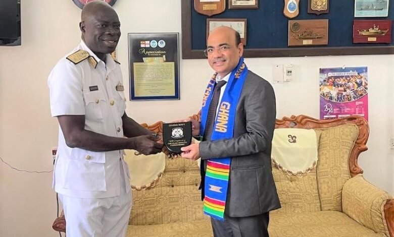 • Commodore Emmanuel Ayesu Kwafo (left) presenting a memento to Mr Manish Gupta to thank him