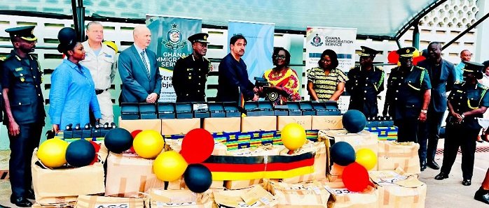 • Mr Daniel Krull (sixth from left) presenting the items to Madam Naana Eyiah Quansah (fifth from right) Photo: Stephanie Birikorang