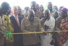 • President Akufo-Addo (middle) cutting the tape to inaugurate the Fomena Hospital