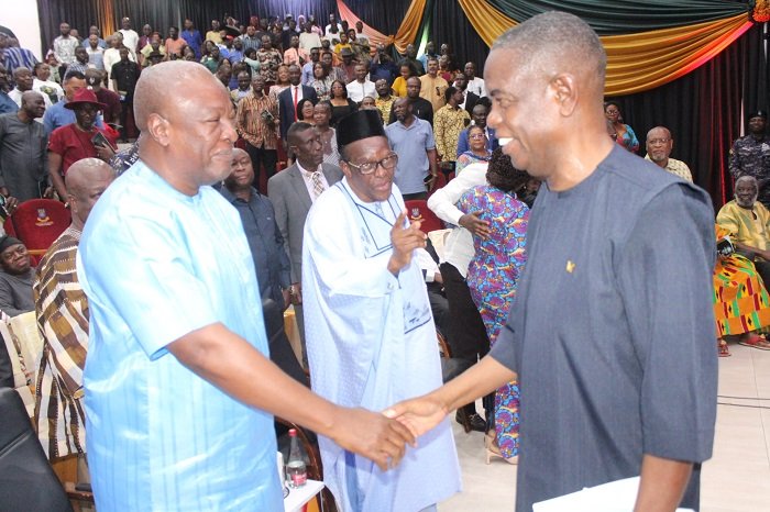 • Former President John D. Mahama (left) congratulating Mr Kwesi Pratt Junior (right) after the lecture. Looking on is Mr Alban Bagbin, Speaker of Parliament Photo: Ebo Gorman