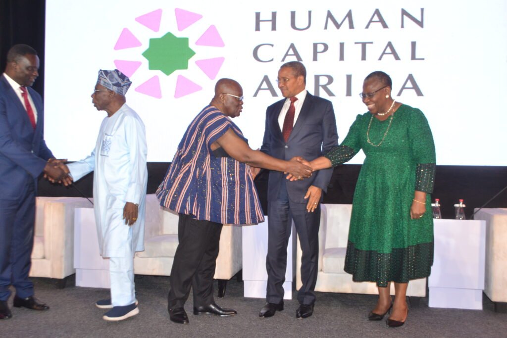 • President Akufo-Addo (middle) interacting with Dr Oby Ezekwesili. With them are Mr Oluṣẹgun Ọbasanjọ (second from left), Jakaya Mrisho Kikwete (second from right), and Dr. Yaw Osei Adutwum, Education Minister Photo: Victor A. Buxton