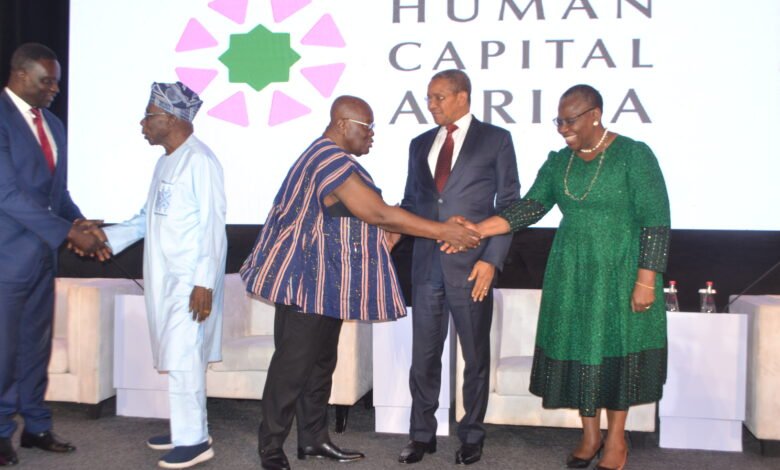 • President Akufo-Addo (middle) interacting with Dr Oby Ezekwesili. With them are Mr Oluṣẹgun Ọbasanjọ (second from left), Jakaya Mrisho Kikwete (second from right), and Dr. Yaw Osei Adutwum, Education Minister Photo: Victor A. Buxton