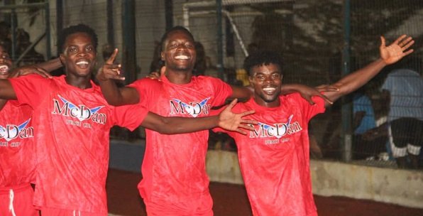 • Players of Chorkor celebrating their fourth goal