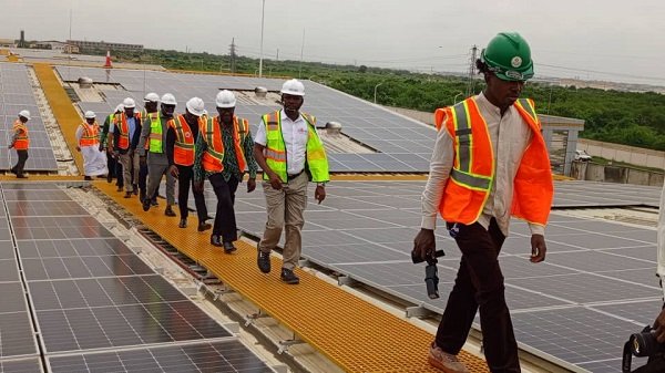 • Mr Herbert Krapah and his entourage inspecting the solar plant