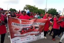 The demostrators on the streets of Wa in a protest